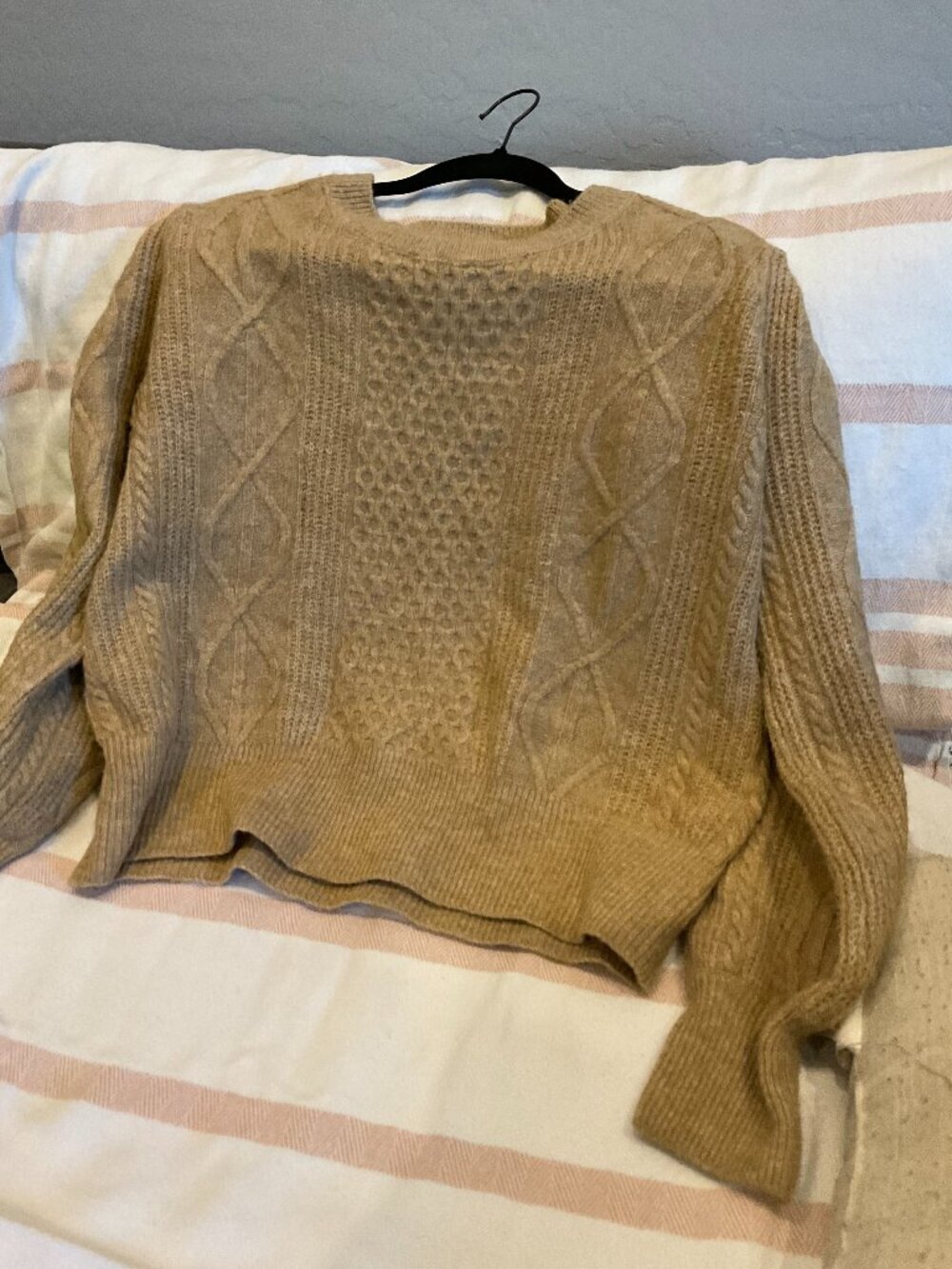 State Cable Knit Sweater Camel Tan Puff Sleeve Mixed Stitch XL